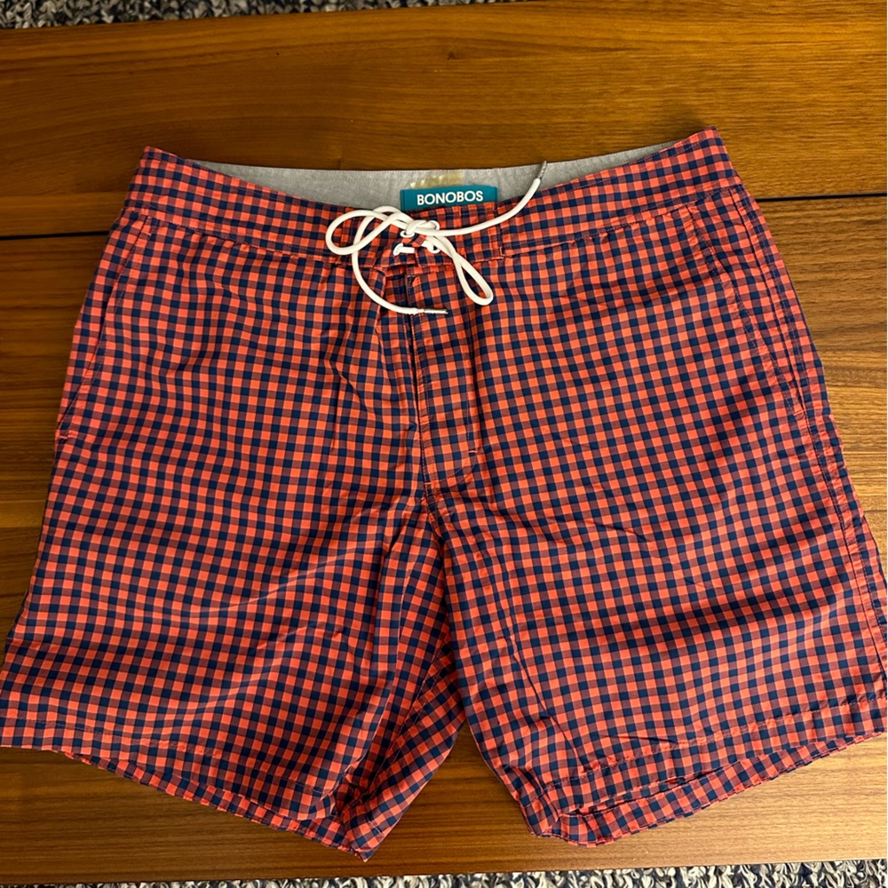 Bonobos Red/Navy Gingham Boardshorts